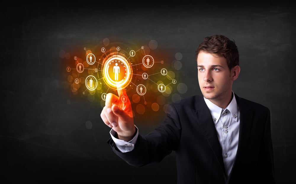 Modern man touching future technology social network button